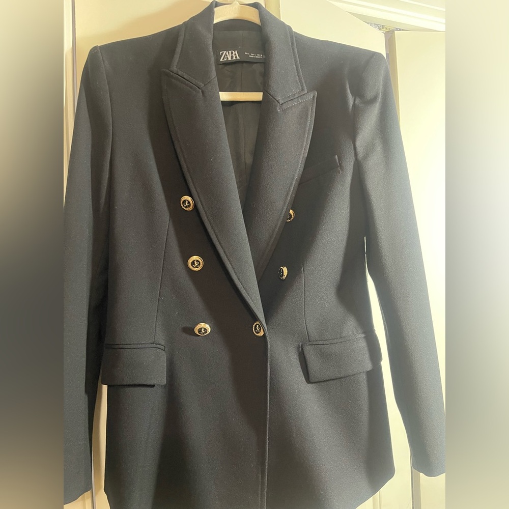 Zara Black Double-Breasted Blazer with Gold Buttons